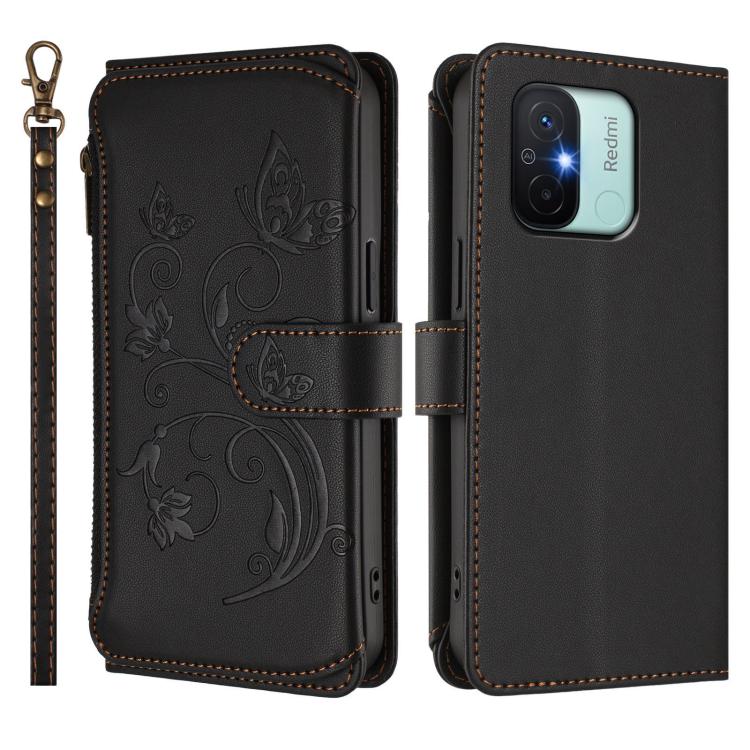 For Redmi 11A / Poco C55 Butterfly Love Flower Multi-card Zipper Wallet Leather Phone Case