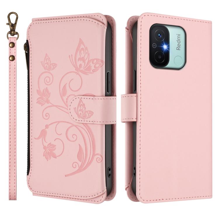 For Redmi 11A / Poco C55 Butterfly Love Flower Multi-card Zipper Wallet Leather Phone Case