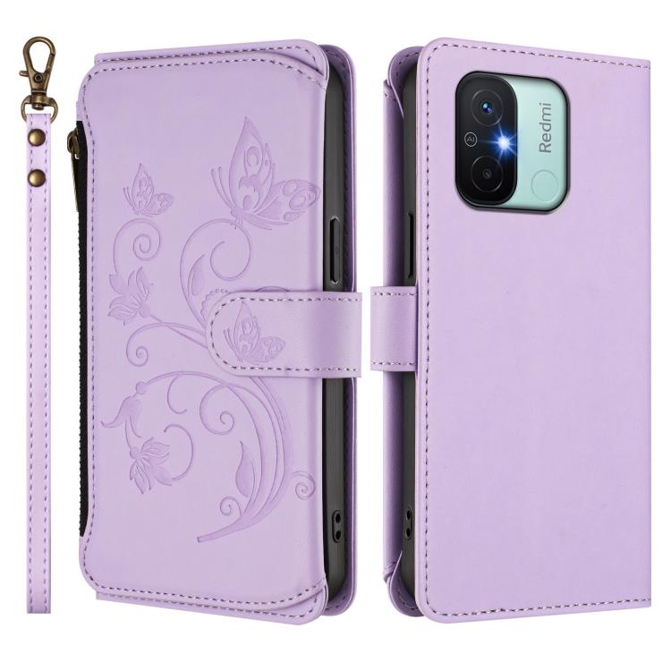 For Redmi 11A / Poco C55 Butterfly Love Flower Multi-card Zipper Wallet Leather Phone Case