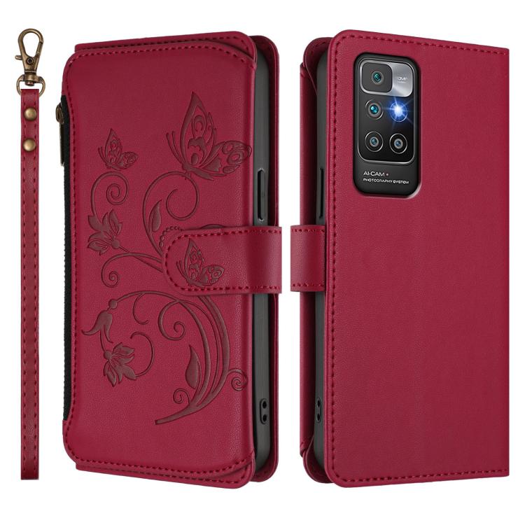 For Redmi 10 2022 Butterfly Love Flower Multi-card Zipper Wallet Leather Phone Case