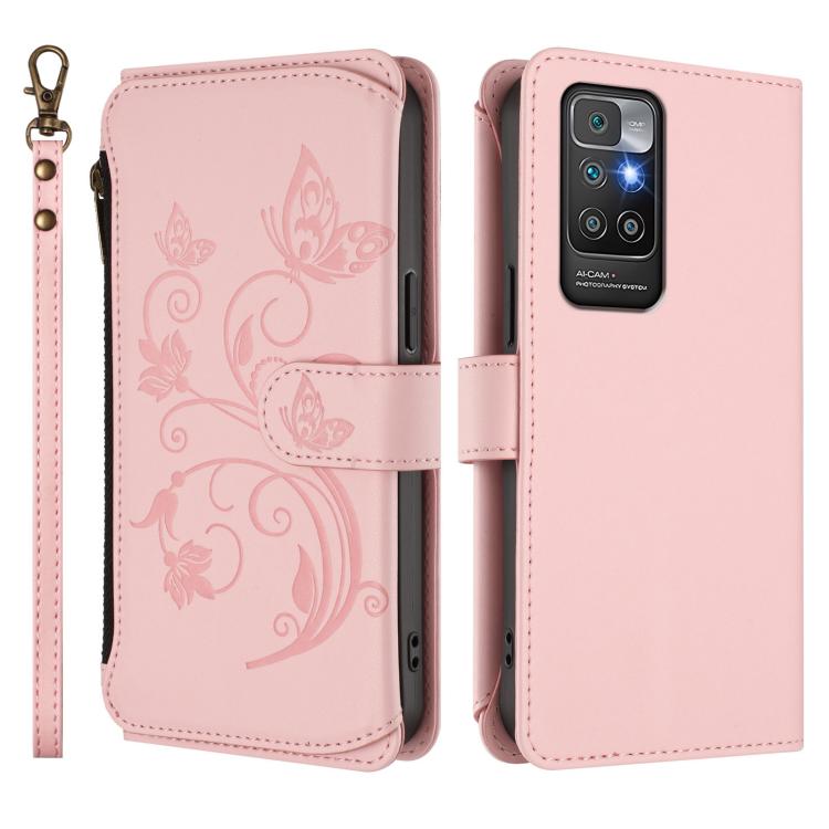 For Redmi 10 2022 Butterfly Love Flower Multi-card Zipper Wallet Leather Phone Case