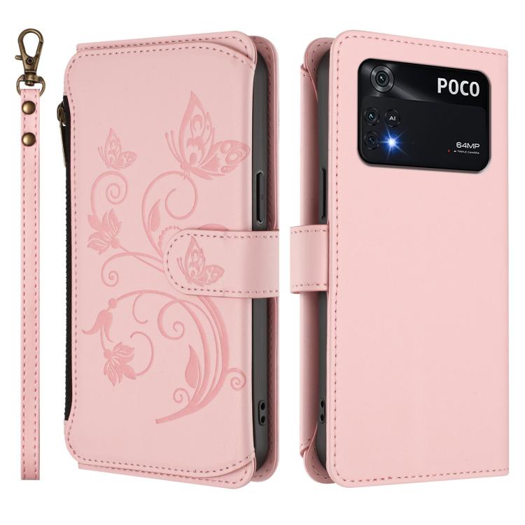 For Xiaomi Poco M4 Pro 4G Butterfly Love Flower Multi-card Zipper Wallet Leather Phone Case