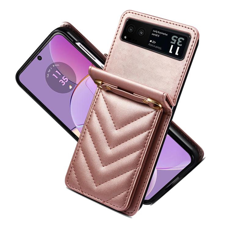 For Motorola Razr 40 Rhombic Folding Leather Phone Case with Long Lanyard