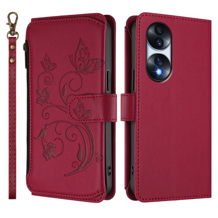 For Honor 70 Pro 5G Butterfly Love Flower Multi-card Zipper Wallet Leather Phone Case