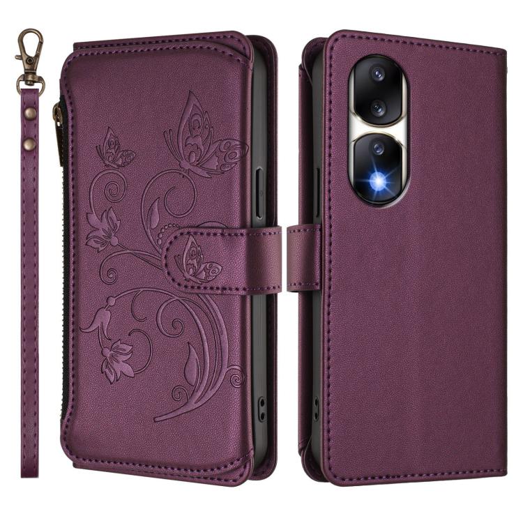 For Honor 90 Pro 5G Butterfly Love Flower Multi-card Zipper Wallet Leather Phone Case