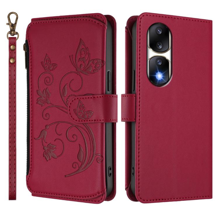 For Honor 90 Pro 5G Butterfly Love Flower Multi-card Zipper Wallet Leather Phone Case