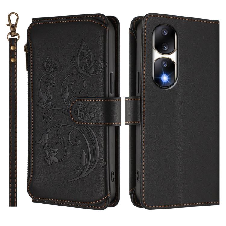 For Honor 90 Pro 5G Butterfly Love Flower Multi-card Zipper Wallet Leather Phone Case
