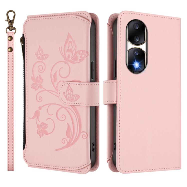 For Honor 90 Pro 5G Butterfly Love Flower Multi-card Zipper Wallet Leather Phone Case