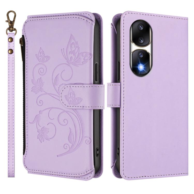 For Honor 90 Pro 5G Butterfly Love Flower Multi-card Zipper Wallet Leather Phone Case