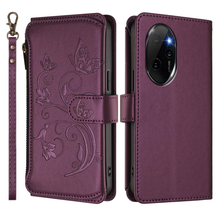 For Honor 100 Pro 5G Butterfly Love Flower Multi-card Zipper Wallet Leather Phone Case