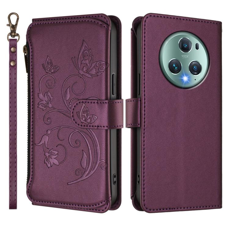 For Honor Magic5 Pro Butterfly Love Flower Multi-card Zipper Wallet Leather Phone Case