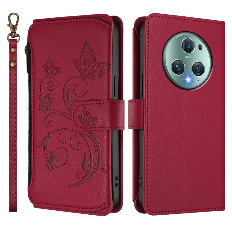 For Honor Magic5 Pro Butterfly Love Flower Multi-card Zipper Wallet Leather Phone Case