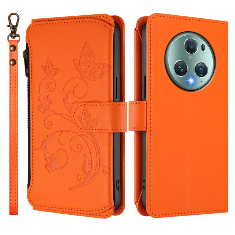 For Honor Magic5 Pro Butterfly Love Flower Multi-card Zipper Wallet Leather Phone Case