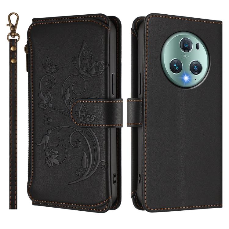 For Honor Magic5 Pro Butterfly Love Flower Multi-card Zipper Wallet Leather Phone Case