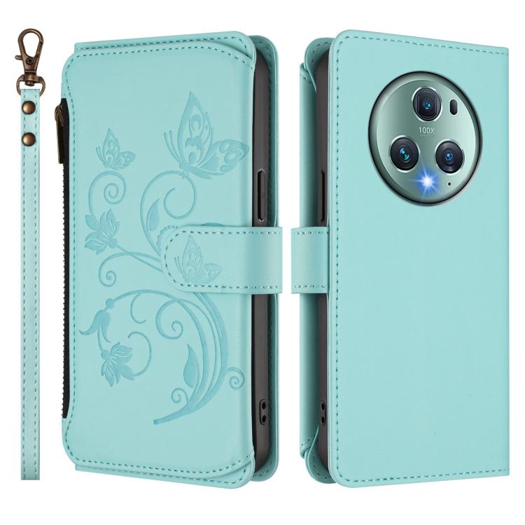 For Honor Magic5 Pro Butterfly Love Flower Multi-card Zipper Wallet Leather Phone Case