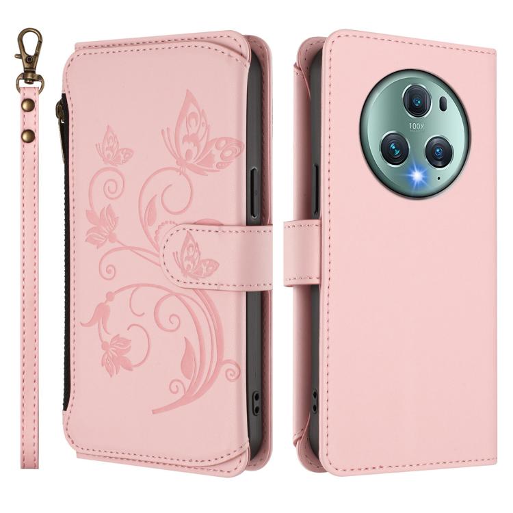 For Honor Magic5 Pro Butterfly Love Flower Multi-card Zipper Wallet Leather Phone Case