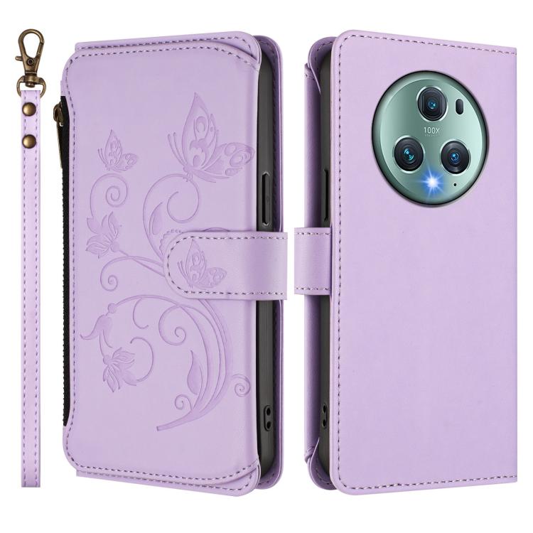 For Honor Magic5 Pro Butterfly Love Flower Multi-card Zipper Wallet Leather Phone Case