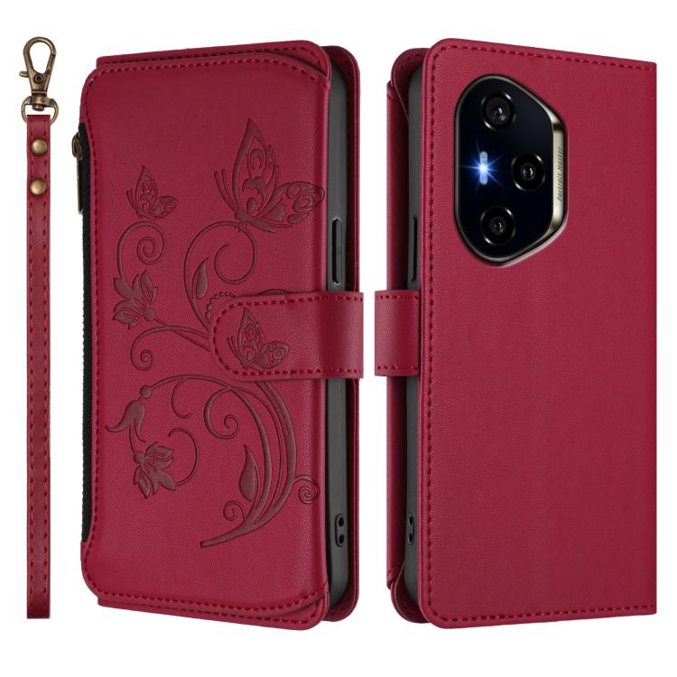 For Honor 400 Global 156.5mm Butterfly Love Flower Multi-card Zipper Wallet Leather Phone Case