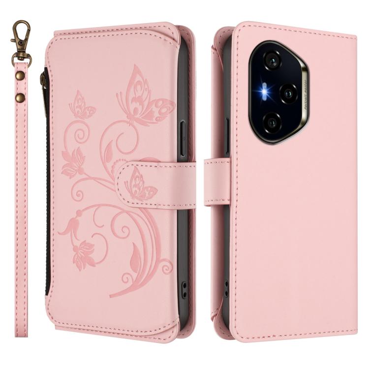 For Honor 400 Global 156.5mm Butterfly Love Flower Multi-card Zipper Wallet Leather Phone Case