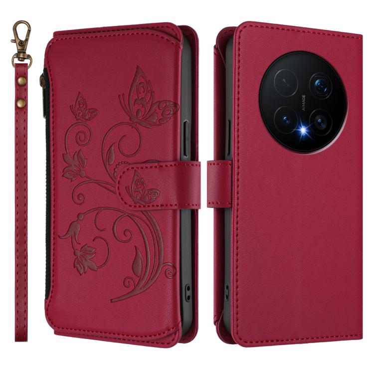 For Honor Magic8 Pro Butterfly Love Flower Multi-card Zipper Wallet Leather Phone Case