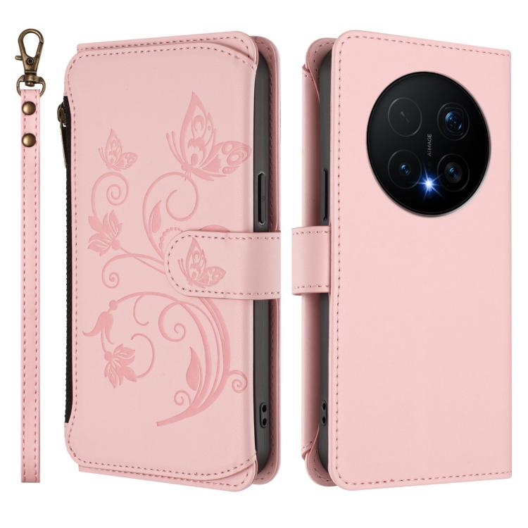 For Honor Magic8 Pro Butterfly Love Flower Multi-card Zipper Wallet Leather Phone Case