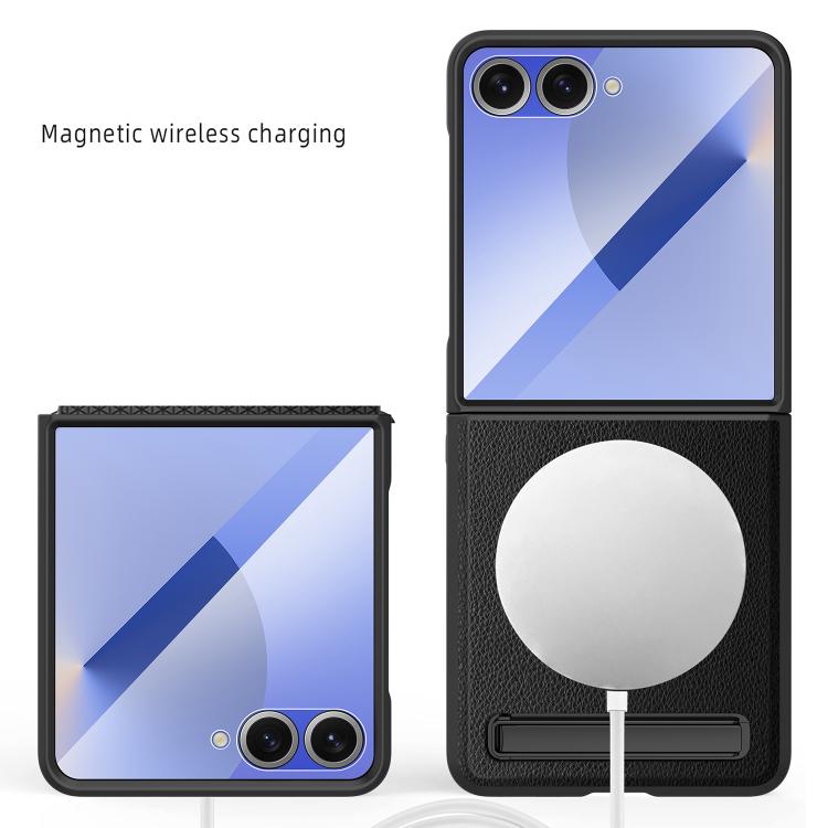 For Samsung Galaxy Z Flip7 5G Integrated Invisible Bracket CD Texture Magnetic Litchi Skin Pasting Phone Case