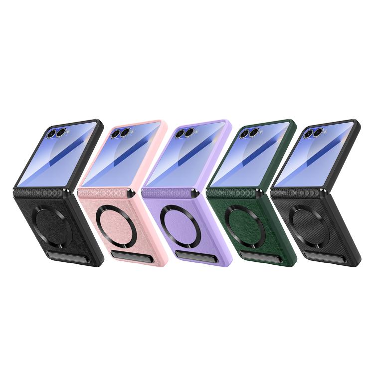 For Samsung Galaxy Z Flip7 5G Integrated Invisible Bracket CD Texture Magnetic Litchi Skin Pasting Phone Case