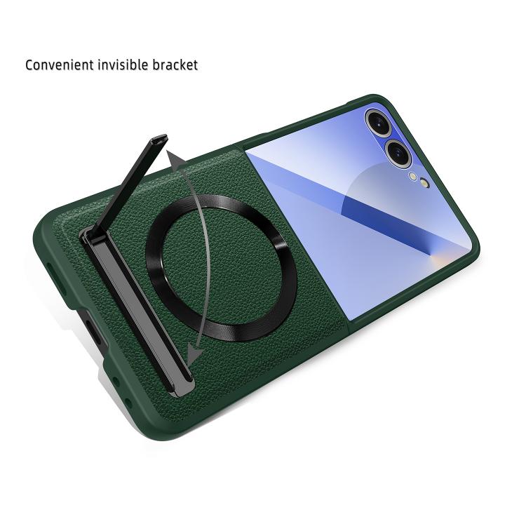 For Samsung Galaxy Z Flip7 5G Integrated Invisible Bracket CD Texture Magnetic Litchi Skin Pasting Phone Case