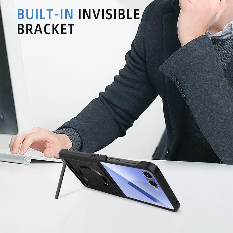 For Samsung Galaxy Z Flip7 5G Integrated Invisible Bracket CD Texture Magnetic Litchi Skin Pasting Phone Case