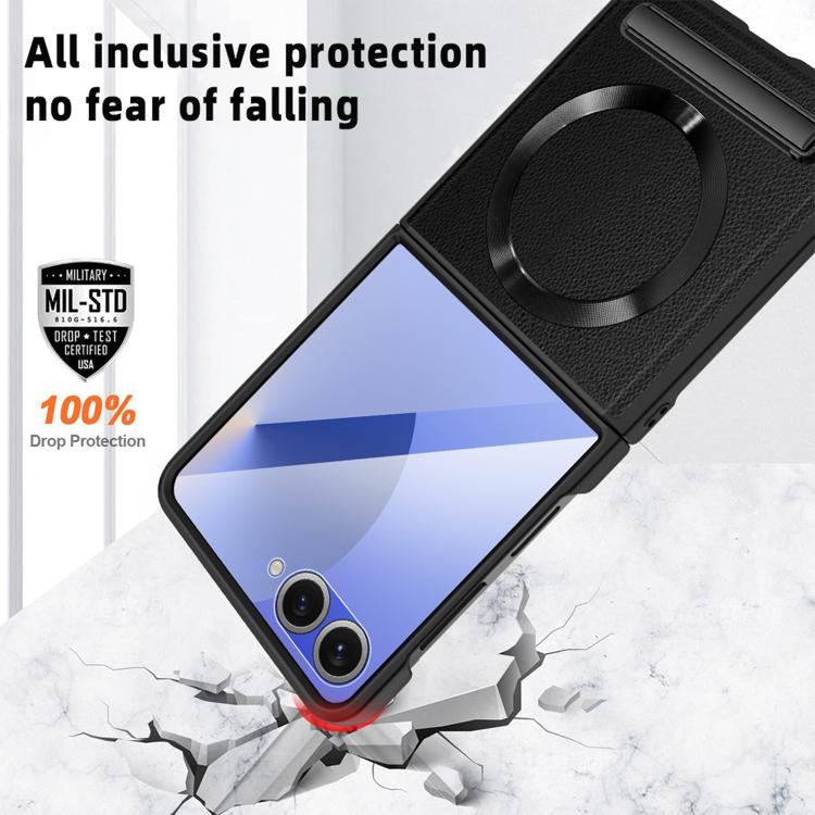 For Samsung Galaxy Z Flip7 5G Integrated Invisible Bracket CD Texture Magnetic Litchi Skin Pasting Phone Case