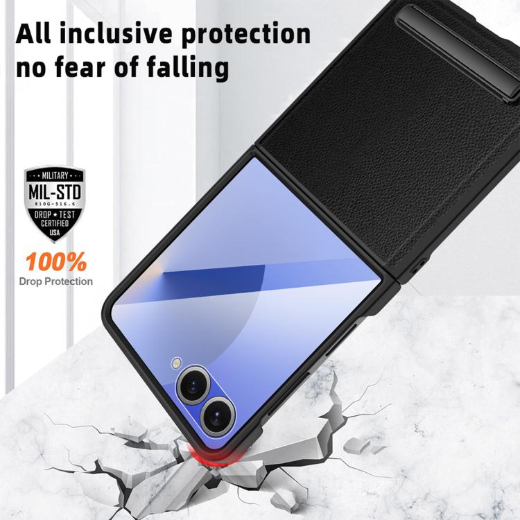 For Samsung Galaxy Z Flip7 5G Integrated Invisible Bracket Litchi Skin Pasting Phone Case