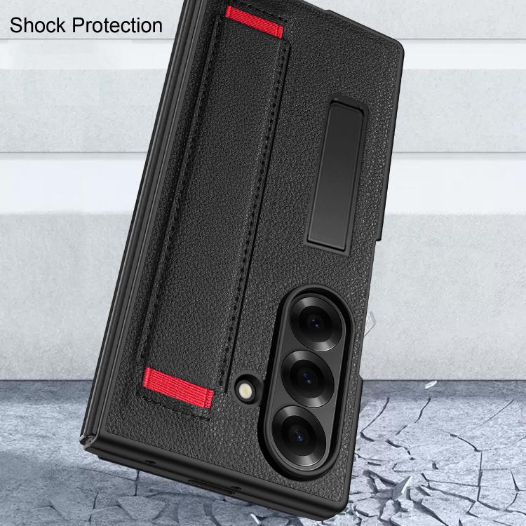 For Samsung Galaxy Z Fold7 5G Integrated Invisible Bracket Litchi Skin Pasting Phone Case with Hand Strap