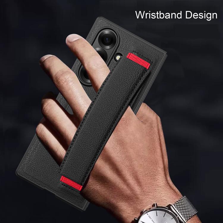 For Samsung Galaxy Z Fold7 5G Integrated Invisible Bracket Litchi Skin Pasting Phone Case with Hand Strap