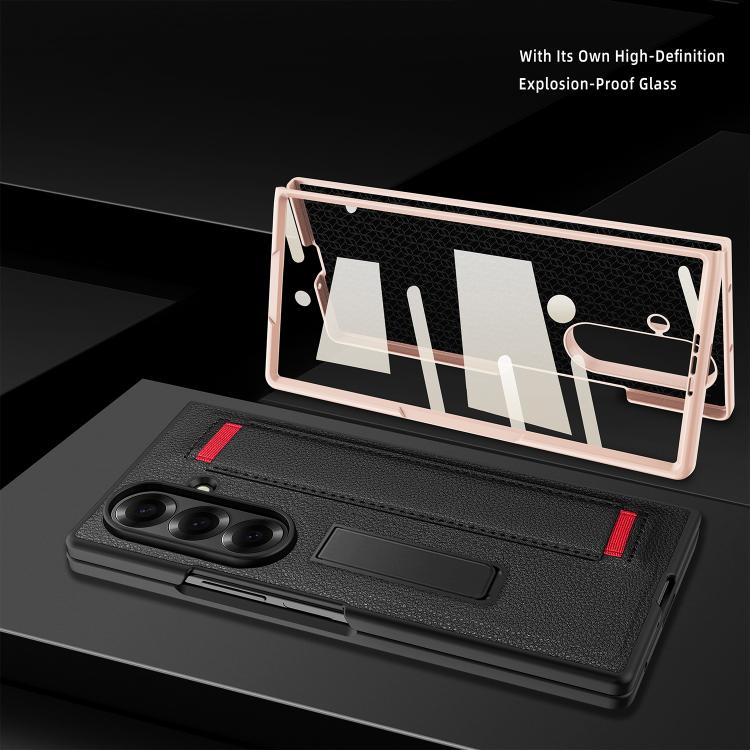 For Samsung Galaxy Z Fold7 5G Integrated Invisible Bracket Litchi Skin Pasting Phone Case with Hand Strap