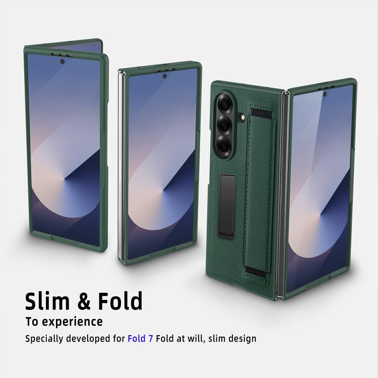 For Samsung Galaxy Z Fold7 5G Integrated Invisible Bracket Litchi Skin Pasting Phone Case with Hand Strap