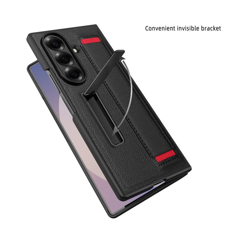 For Samsung Galaxy Z Fold7 5G Integrated Invisible Bracket Litchi Skin Pasting Phone Case with Hand Strap