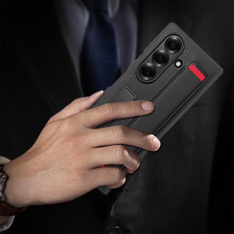 For Samsung Galaxy Z Fold7 5G Integrated Invisible Bracket Litchi Skin Pasting Phone Case with Hand Strap