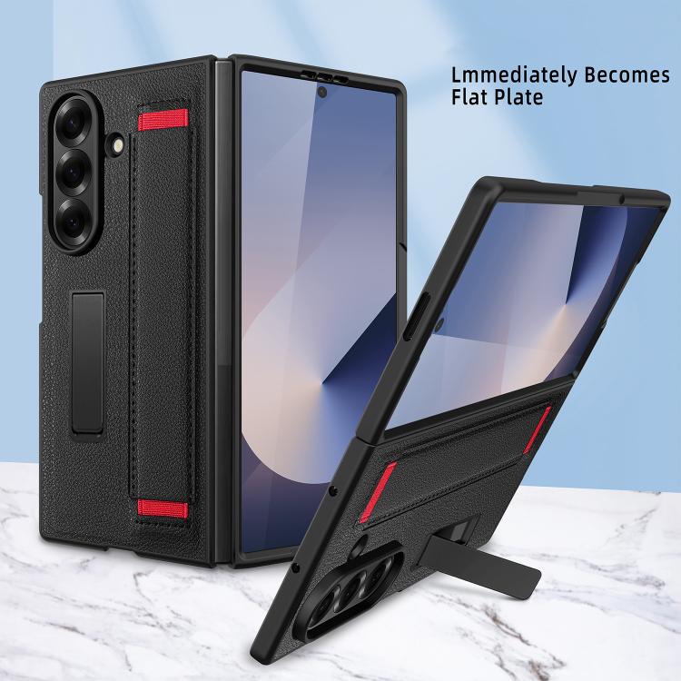For Samsung Galaxy Z Fold7 5G Integrated Invisible Bracket Litchi Skin Pasting Phone Case with Hand Strap