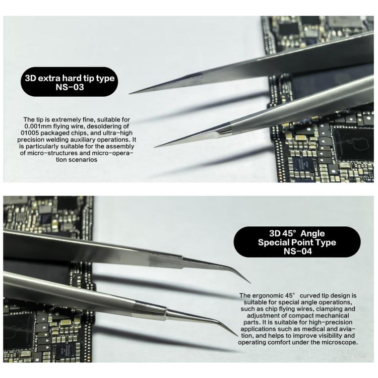 i2C NS Series Super Alloy High Precision Stainless Steel Super Hard Extra Tip Flying Wire Tweezers, Model:NS-04/02/03 Set
