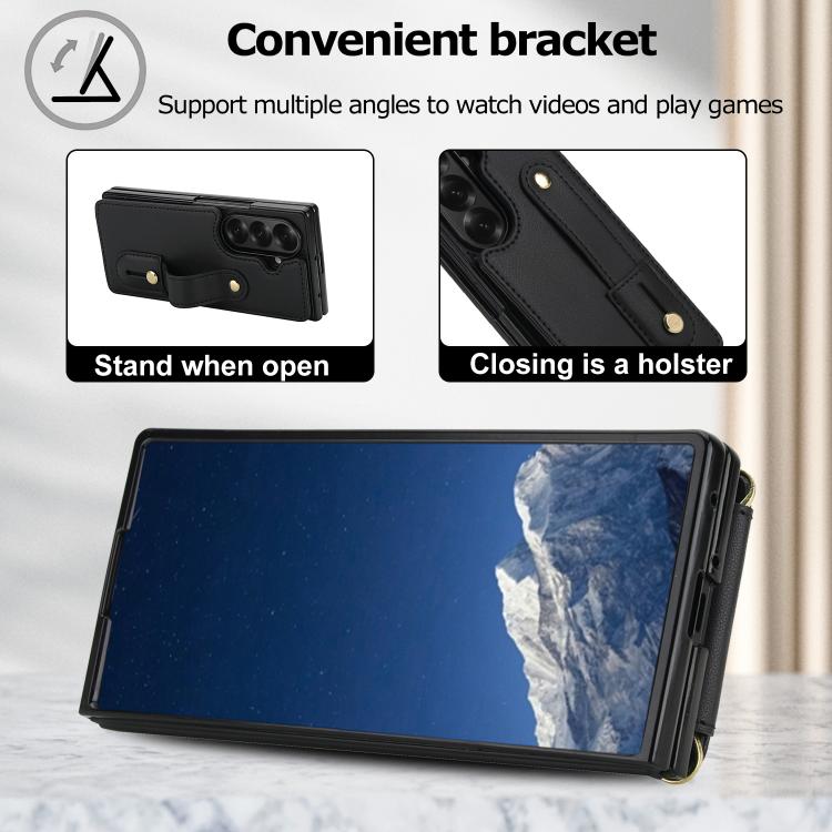 For Samsung Galaxy Z Fold7 5G Wristband Vertical Flip Wallet Back Cover Phone Case with Long Lanyard