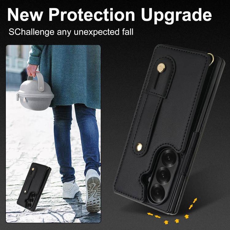 For Samsung Galaxy Z Fold7 5G Wristband Vertical Flip Wallet Back Cover Phone Case with Long Lanyard