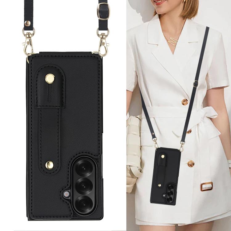 For Samsung Galaxy Z Fold7 5G Wristband Vertical Flip Wallet Back Cover Phone Case with Long Lanyard