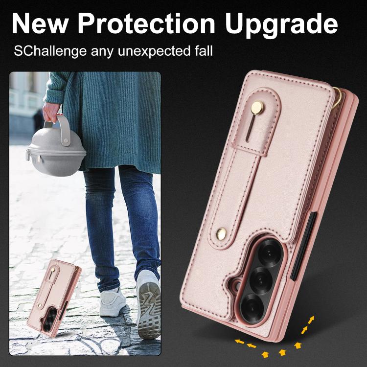 For Samsung Galaxy Z Fold7 5G Wristband Vertical Flip Wallet Back Cover Phone Case with Long Lanyard