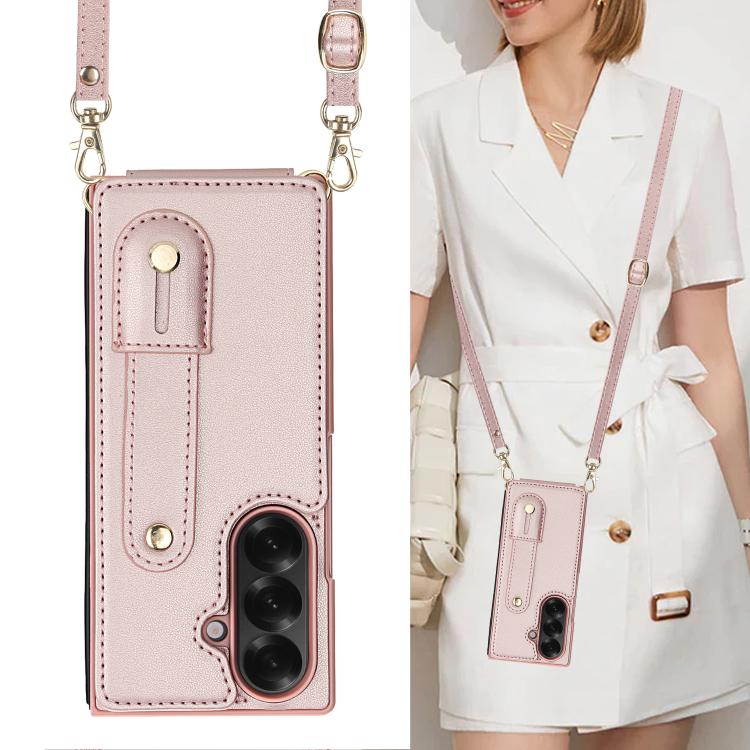 For Samsung Galaxy Z Fold7 5G Wristband Vertical Flip Wallet Back Cover Phone Case with Long Lanyard