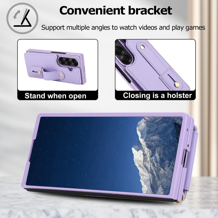 For Samsung Galaxy Z Fold7 5G Wristband Vertical Flip Wallet Back Cover Phone Case with Long Lanyard