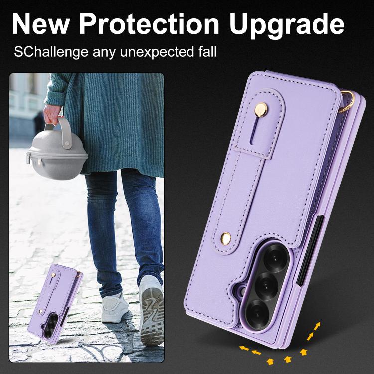 For Samsung Galaxy Z Fold7 5G Wristband Vertical Flip Wallet Back Cover Phone Case with Long Lanyard