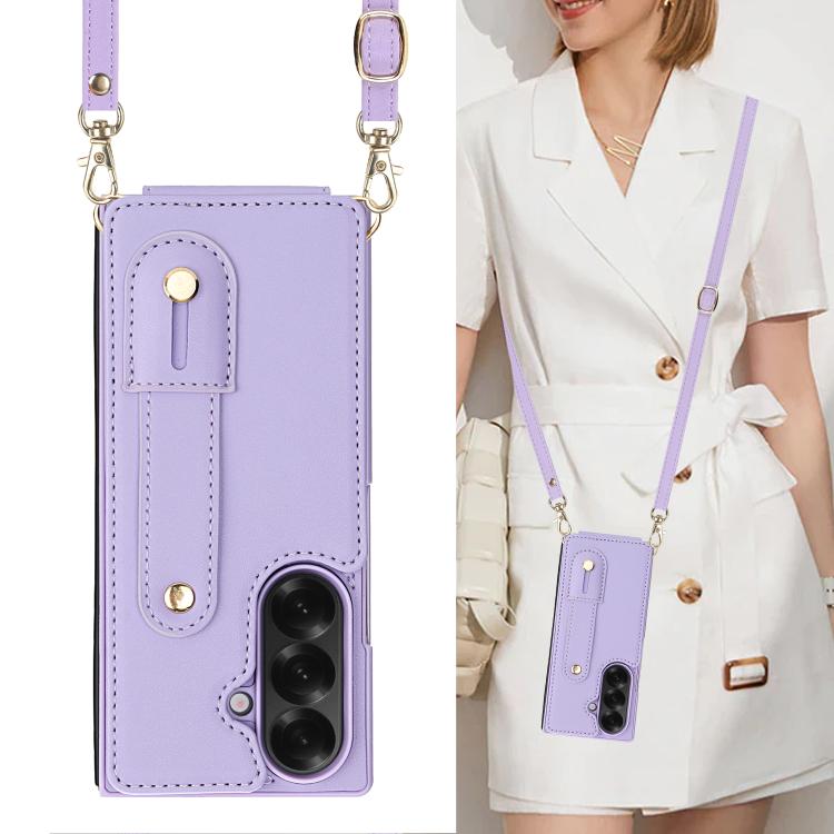 For Samsung Galaxy Z Fold7 5G Wristband Vertical Flip Wallet Back Cover Phone Case with Long Lanyard