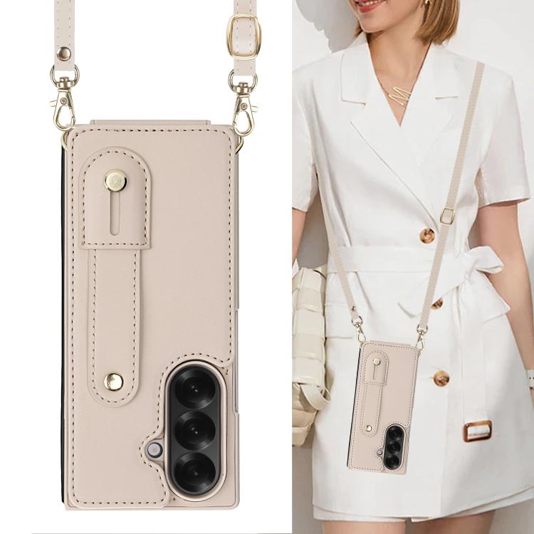 For Samsung Galaxy Z Fold7 5G Wristband Vertical Flip Wallet Back Cover Phone Case with Long Lanyard