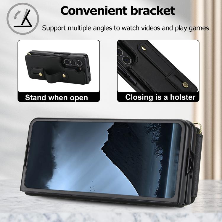 For Samsung Galaxy Z Fold5 5G Wristband Vertical Flip Wallet Back Cover Phone Case with Long Lanyard