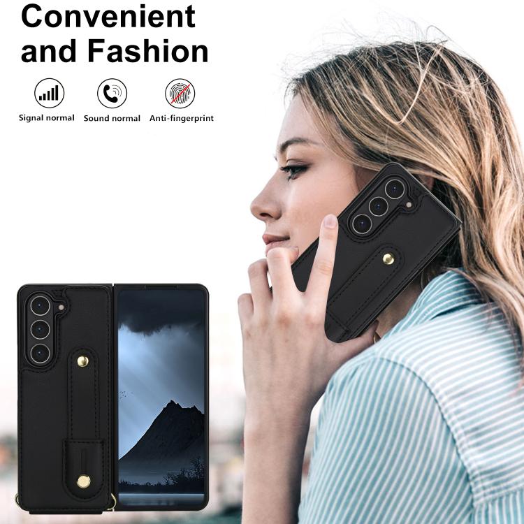 For Samsung Galaxy Z Fold5 5G Wristband Vertical Flip Wallet Back Cover Phone Case with Long Lanyard